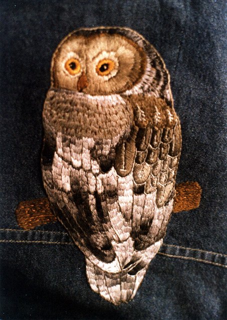 Owl embroidered in satin and long stitch